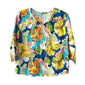 Hester & Orchard Linen Blend Floral Multicolor Women's Top Blouse Size XL
